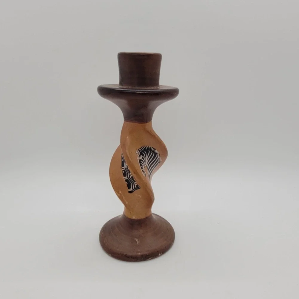 Hand Carved Soapstone‎ Zebra Candlestick Holder Twisted Safari Decor Brown 6.25